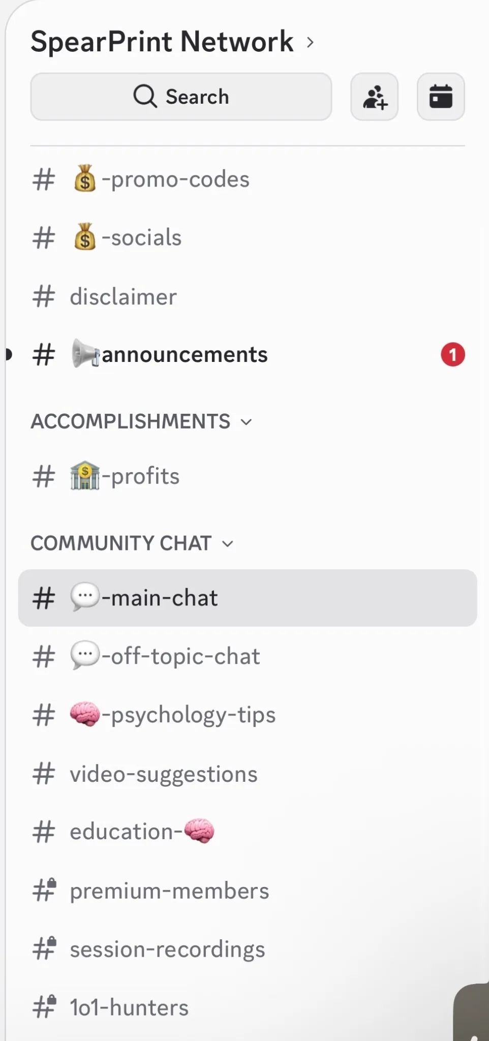 SpearPrint Network Discord channel structure showing community, psychology, education, premium members, session recordings and other member areas
