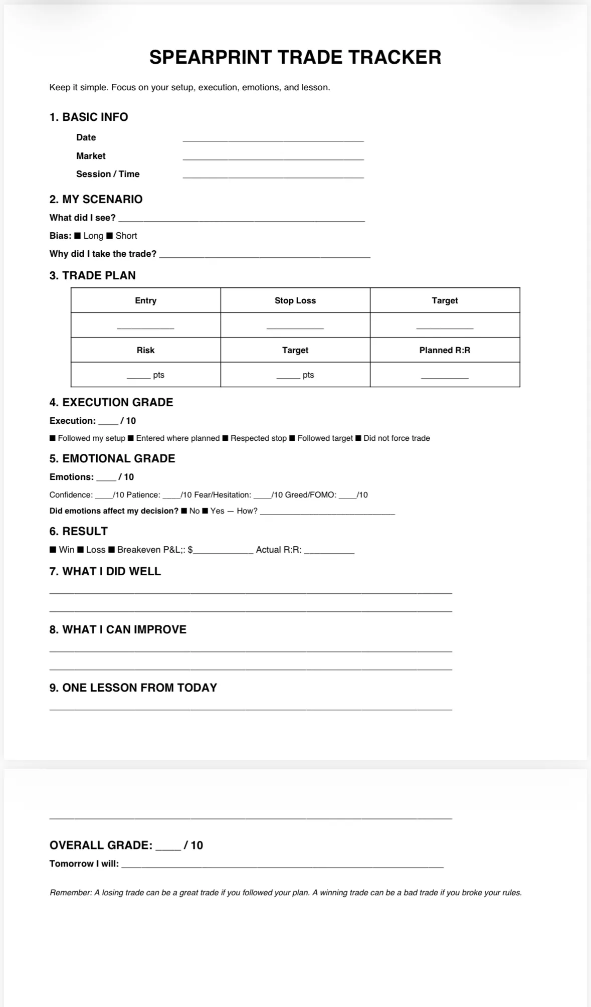 SpearPrint Trade Tracker worksheet for scenario, trade plan, risk, execution, emotions, results and lessons